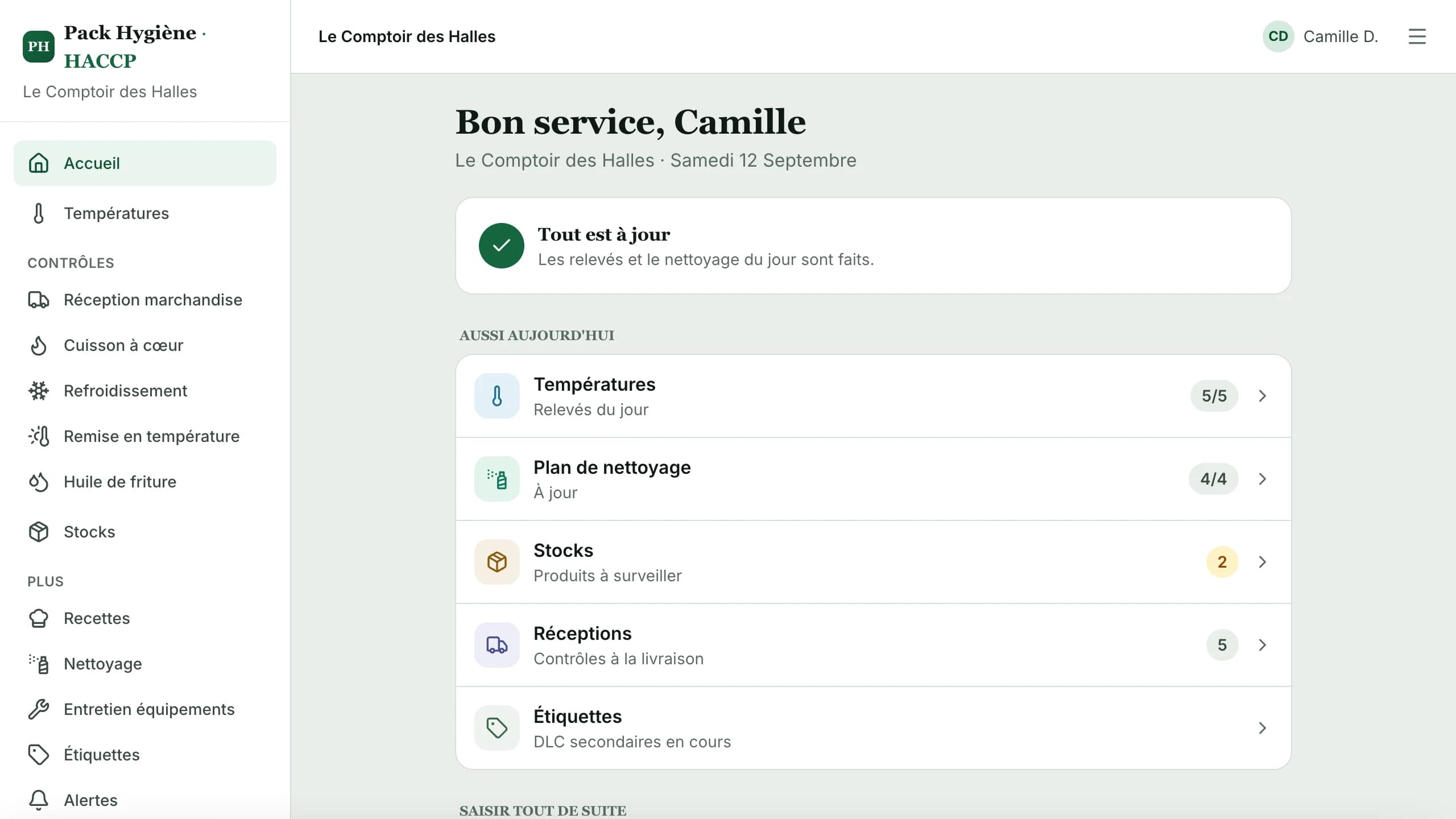Tableau de bord : relevés du jour, nettoyage du jour, stocks critiques, réceptions.